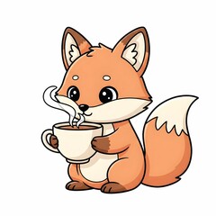 Cute Little Fox Character Holding a Steaming Cup of Coffee or Hot Cocoa Cartoon Illustration