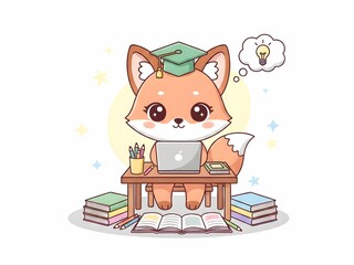 Smart Cartoon Fox Character Wearing Graduation Cap Studying with Laptop and Books