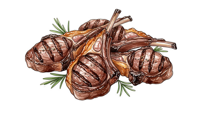 Grilled lamb chops with rosemary on a clean white background viewed from directly above