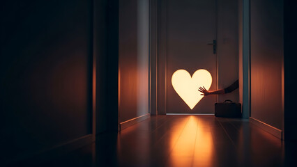 A person reaching out to a glowing heart in a dark hallway with a reflective floor