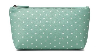 Mint green polka dot cosmetic bag with zipper isolated on white