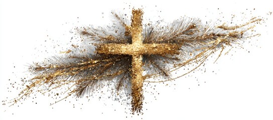 The golden Jesus cross appears on a copy space background, depicting ideas of religion, faith, worship, spirituality, and image technology