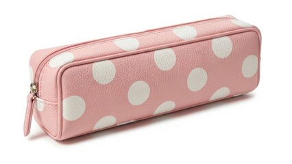 Pink polka dot cosmetic bag with soft pastel fabric isolated