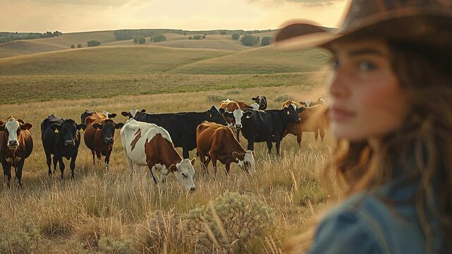 A young woman stands in a grassy field, turning her head to look back. Cows graze nearby as the sun sets in the sky. This scene takes place on a ranch at dusk
