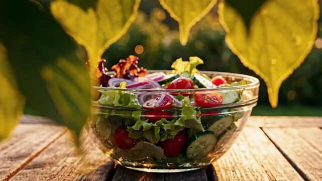 A fresh salad in a clear bowl on a wooden table outdoors with sunlight filtering through leaves