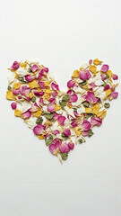 Heart shape formed by colorful rose petals on white background