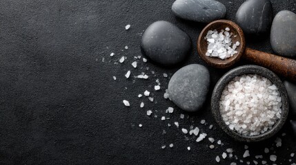 Naklejka na ściany i meble Sea salt crystals with natural stone background and wooden spoon on black surface.