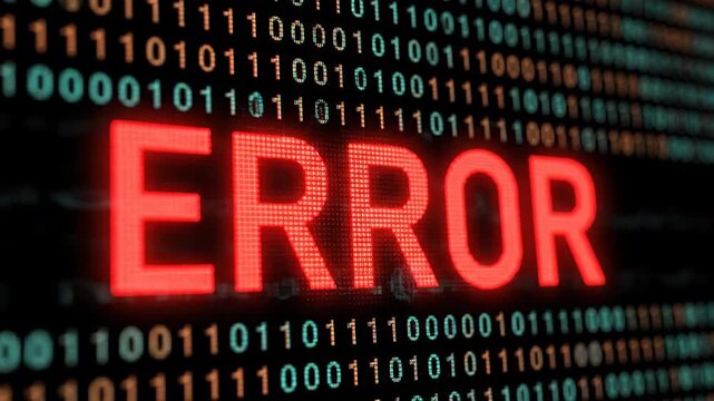Red error text glows on a dark background of binary code.