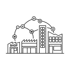 Hand drawn sketch style illustration of city buildings and houses in an urban skyline