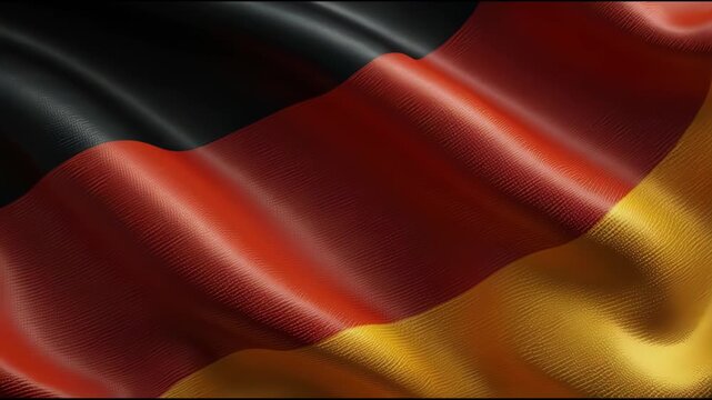 A full-screen German flag featuring horizontal black, red, and yellow colors waving.