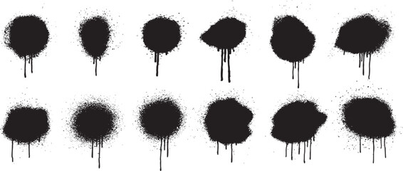Black ink splatter set with dripping paint blots and grunge textures. Dark abstract stains and messy splashes isolated on white create a raw distressed look. Perfect for grunge design, overlays, poste