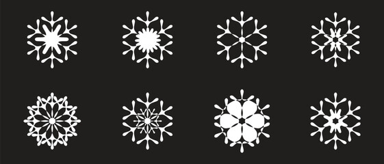 White snowflake icon set with detailed winter crystal shapes on dark background. Symmetrical frozen designs represent cold weather, ice patterns, and seasonal decoration. Ideal for winter themes, 
