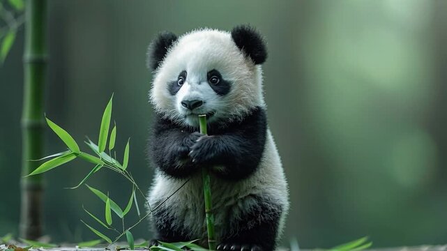 A small panda is holding a piece of bamboo with its paws and munching on it. The scene takes place in a green area with trees. The time is during the day when light is bright