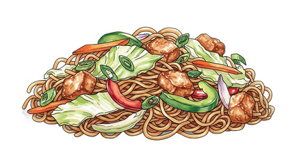 A vibrant illustration of stir-fried noodles with vegetables and meat, showcasing a culinary delight from a top-down perspective