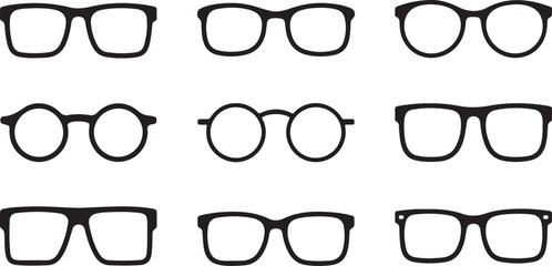Glasses Icons Different Angle View Black Vector Illustration Set Isolated On White Background
