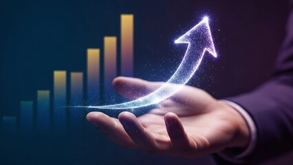 Hand holding a sparkling blue glowing arrow symbolizing digital business growth and future innovation.