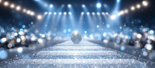 Radiant blue disco ball surrounded by light beams, illustrating a nightclub party concept in visual technology