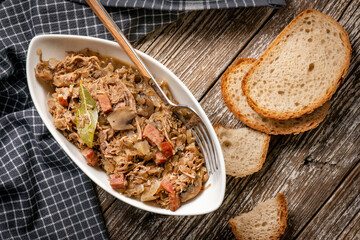 Bigos - sauerkraut stewed with meat, dried mushrooms and sausage.