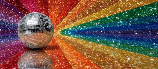 The disco ball emits light that forms a colorful, sparkling bokeh background, representing a music party nightclub concept in an image of technology