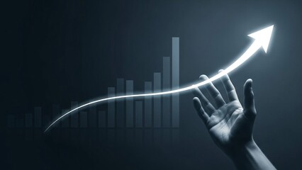 Human hand reaching towards a glowing upward trend line and arrow, Modern symbolizing business progress and future success.