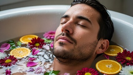 Young man relaxing in bath with flowers and oranges. Spa treatment for wellness and self care. Calm and peaceful relaxation concept.