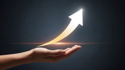Human hand reaching towards a glowing upward arrow, symbolizing personal growth, success, and bright future.