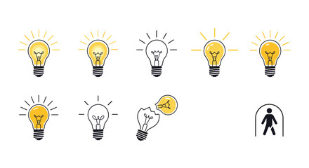 Collection of light bulb icons in different stages of illumination symbolizes creative thinking, innovation, and bright problem solving.