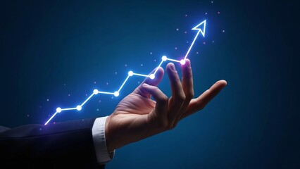 Professional hand in suit holding a glowing blue upward trend line graph on a dark background.