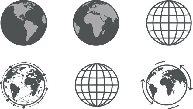 Set of minimalist global earth icons featuring world maps network connections and globe wireframe symbols for international business communications.
