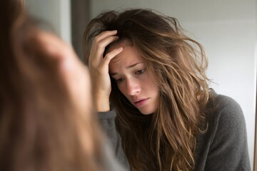 Fototapeta premium Young woman suffering from headache and stress, exhausted with messy hair, looking at her reflection in a mirror