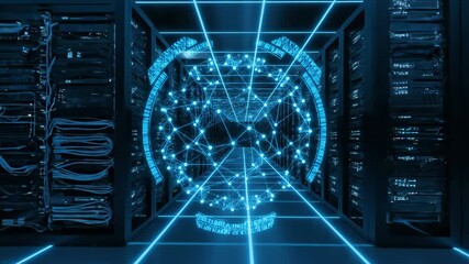 Abstract digital globe network with blue neon lights in a server room. - Powered by Adobe