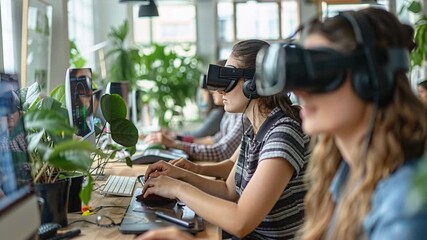 People are working in a shared space with computers and virtual reality headsets. They focus on their screens while surrounded by plants. This takes place during the day