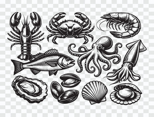 Monochrome Hand-Drawn Seafood Variety Vintage Seafood Engraving Vector Set &ndash; Crab, Lobster, Fish & Shellfish Black and White Seafood Illustration Collection &ndash; Ocean Food Engraving Art