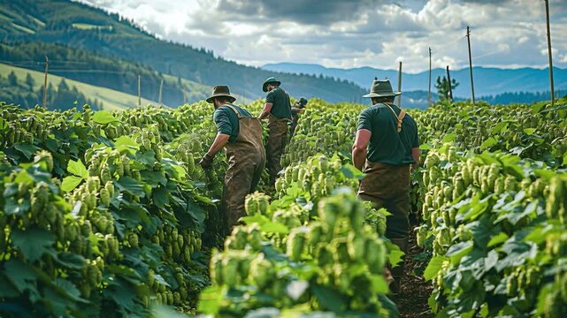Men gather hops in a green field surrounded by hills. They work during the day in a rural setting. The plants are lush and the sky has some clouds, indicating warm weather