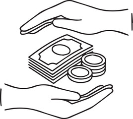 A minimalist black and white line art vector of hands protectively cupped around a stack of banknotes and coins, symbolizing wealth preservation, financial security, and savings management.