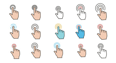 Hand clicking icons with various circular pulse effects and skin tones illustrate touch screen interaction and mobile app navigation options.