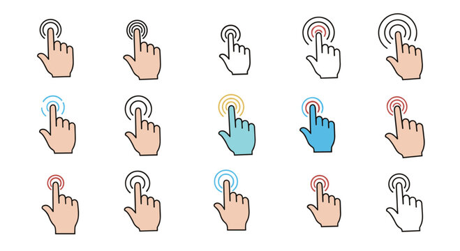 Hand clicking icons with various circular pulse effects and skin tones illustrate touch screen interaction and mobile app navigation options.