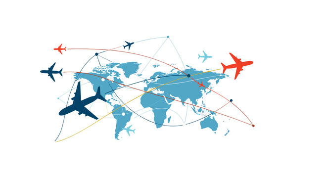 Map of the world with multiple airplane flight paths connecting continents for global travel and international aviation concept.