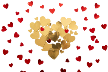 Golden hearts in romantic confetti with red hearts in soft focus for valentines day greeting card