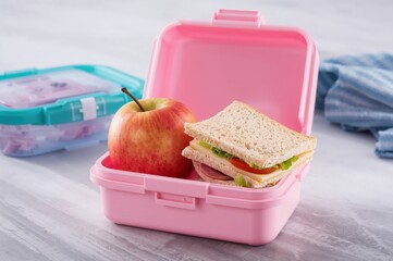 Lunch container clicks shut revealing neatly styled sandwich and fresh fruit inside