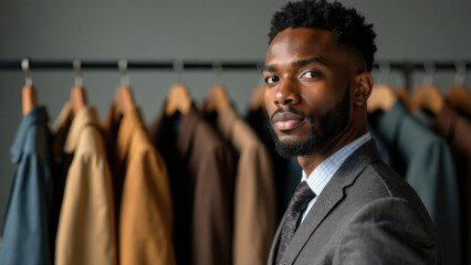 African-American male stylist in sharp tailored suit posing confidently by clothing rack. Professional fashion portrait for branding and portfolios