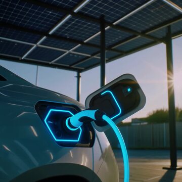 Modern electric vehicle (EV) parked under a solar-panel canopy with soft sunlight reflections and a glowing blue charging port, cinematic 4K.