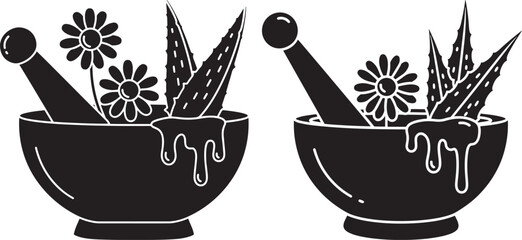 Silhouette of apothecary herbs in mortar set in art