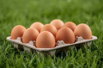 Farm fresh eggs rest in tray against soft green grass natural background