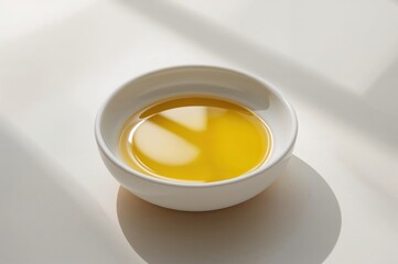 Extra virgin olive oil spreads smoothly in porcelain bowl under soft natural window light