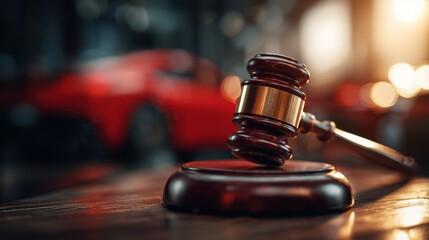 Judge's gavel on a desk with a blurred car in the background