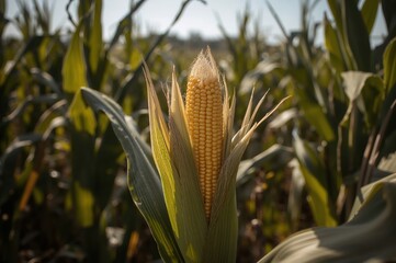 Golden corn ripens in sunlit field with lush leaves and warm harvest tones