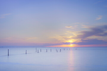 Golden Sunrise: Poles Define Tranquil Waters.
