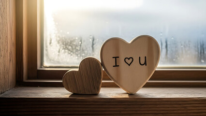Wooden heart decorations on a windowsill with 'i love you' message