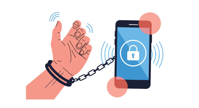 Illustration of a human hand chained to a smartphone showing mobile phone addiction technology dependency and digital security concepts.